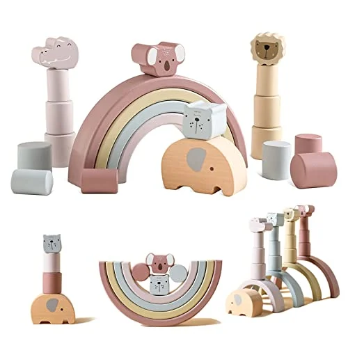 Rainbow Wooden Toy - Balancing Stacking Building Blocks Toy 21 Pieces, Montessori Educational Game Gift with Animal Motifs, Intelligence Development Motor Skills Toy for Children