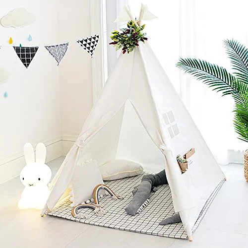 Kids teepee tent, classic Indian play tent for kids, foldable playhouse for indoor or outdoor, cotton kids tents for girls and boys with carry bag