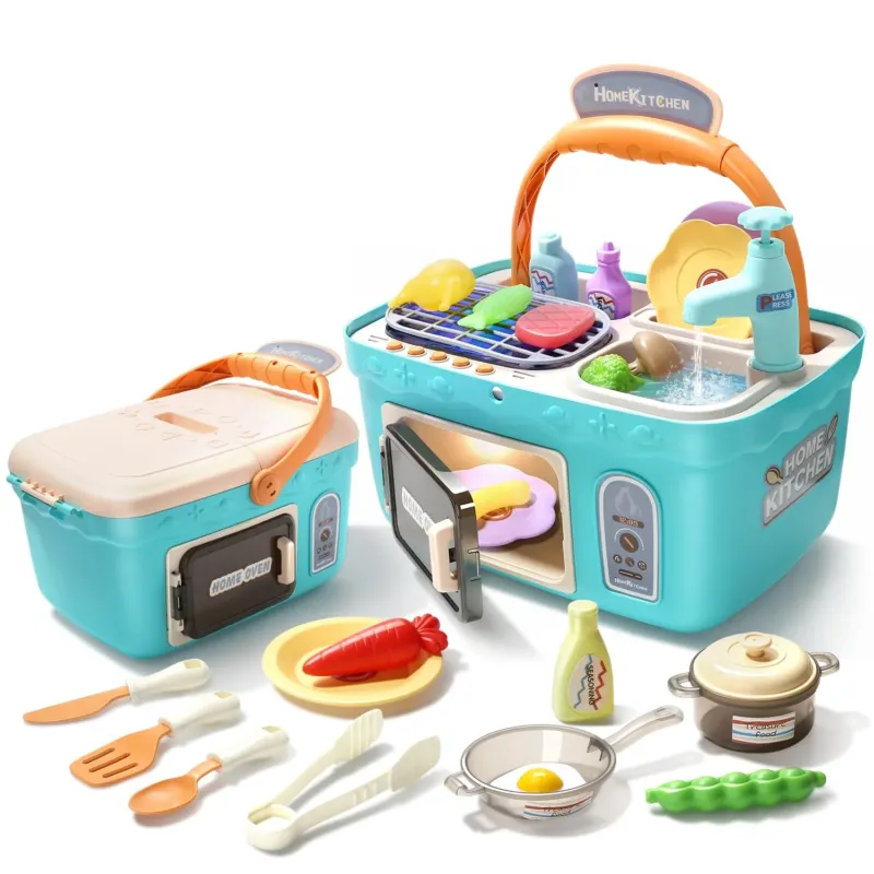 Children's Kitchen Toy Picnic Set, Portable Picnic Basket Toy with Music and Lights, Colour Changing Play Food, Kitchen Sink, Kitchen Play