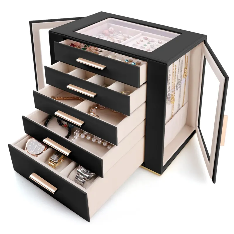 Large Jewellery Box - 5 Layers Storage Box for Rings, Earrings, Necklaces, Bracelets, Watches & Hair Accessories