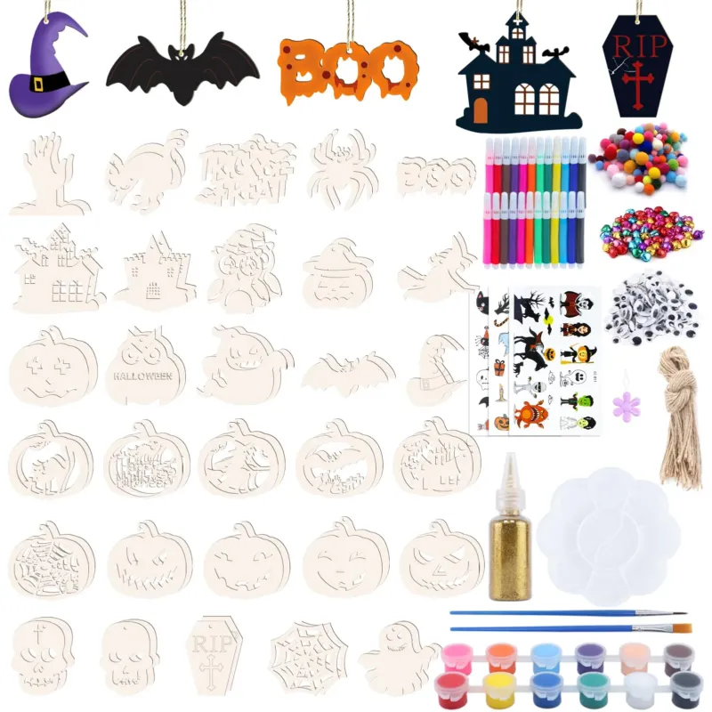 294pcs Halloween Crafts Wooden Kids, DIY Wooden Pendants for Painting
