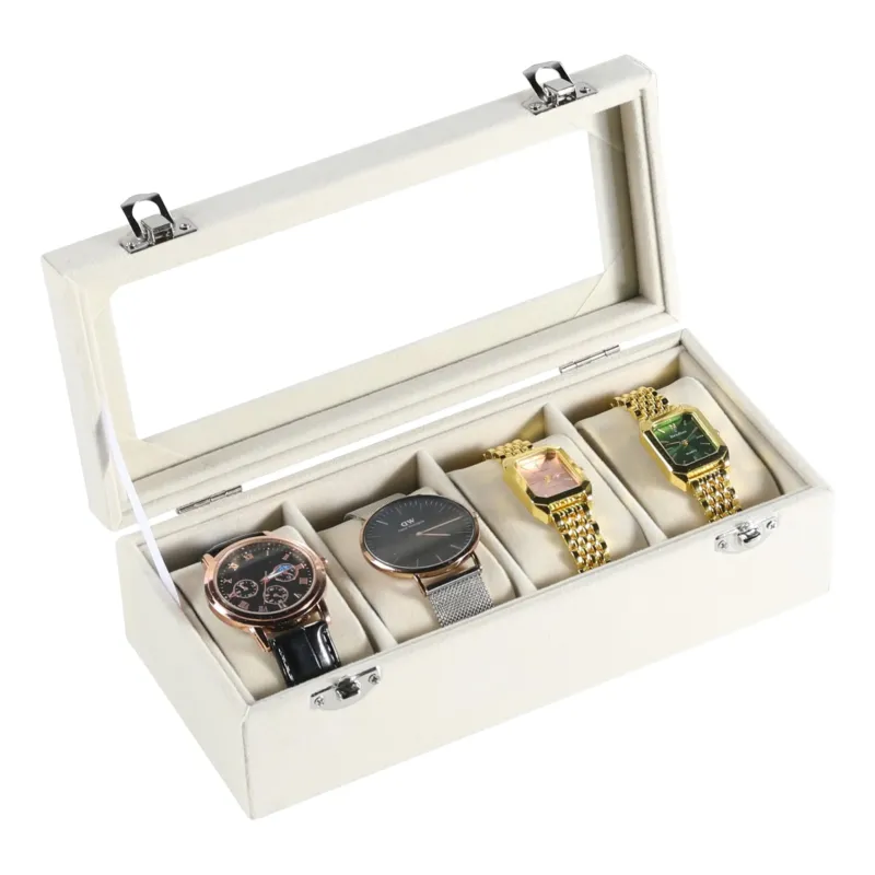 Watch Box with 4 Compartments, Watch Case with Glass Lid, Watch Organiser