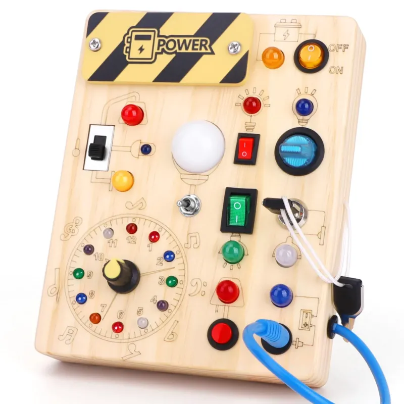 Busy Board Activity Board wooden toy With 10 switches and 23 LED lights Sensory toy Motor activity toy for babies