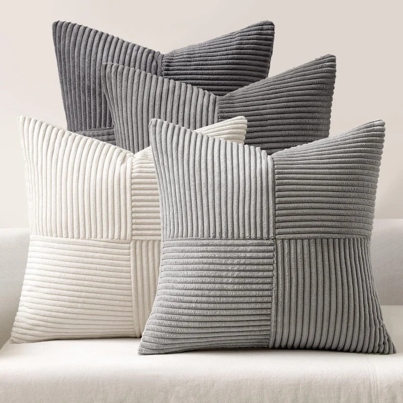 Set of 4 Corduroy Cushion Covers, Patchwork Cushion Covers, 40 x 40 cm