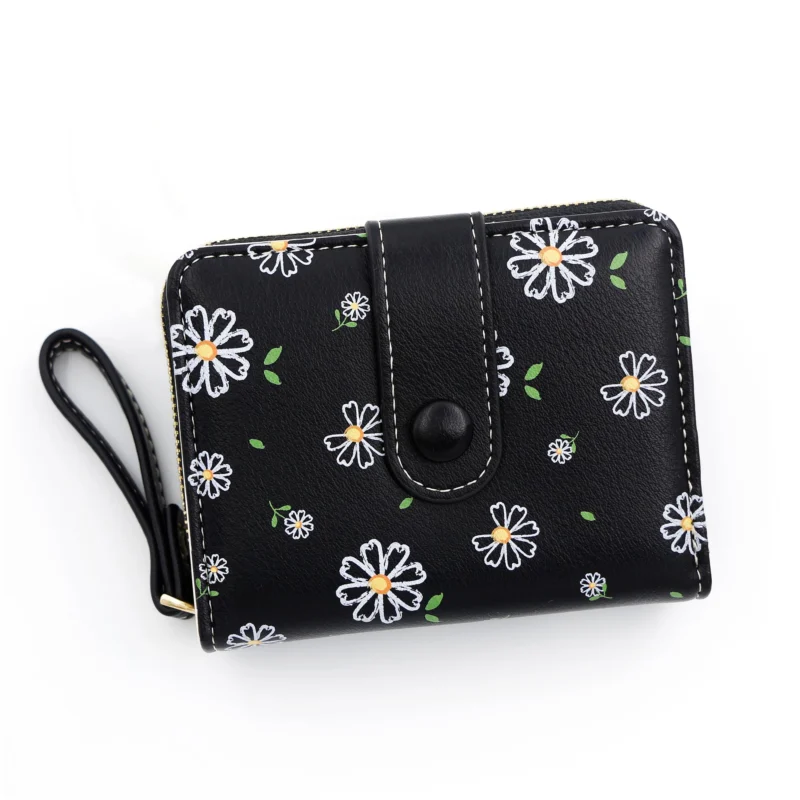 Wallet, fashionable, cute daisy motif, with zipper on the outside