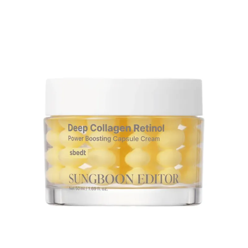 Sungboon Editor Deep Collagen Retinol Capsule Cream im Glasbehälter mit gelben Kapseln. Eine kraftvolle Anti-Aging-Creme mit Retinol und Kollagen.