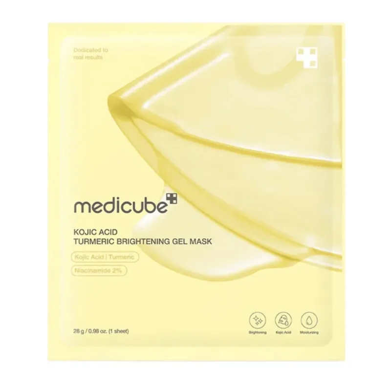 Medicube Kojic Acid Turmeric Brightening Gel Mask – gelbe Verpackung mit Bild der Gelmaske und klaren Zutatenmarkierungen.